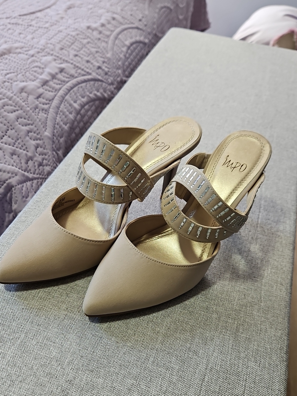 Impo Nude Pointed-Toe Slide Heels with Jeweled Double Straps
